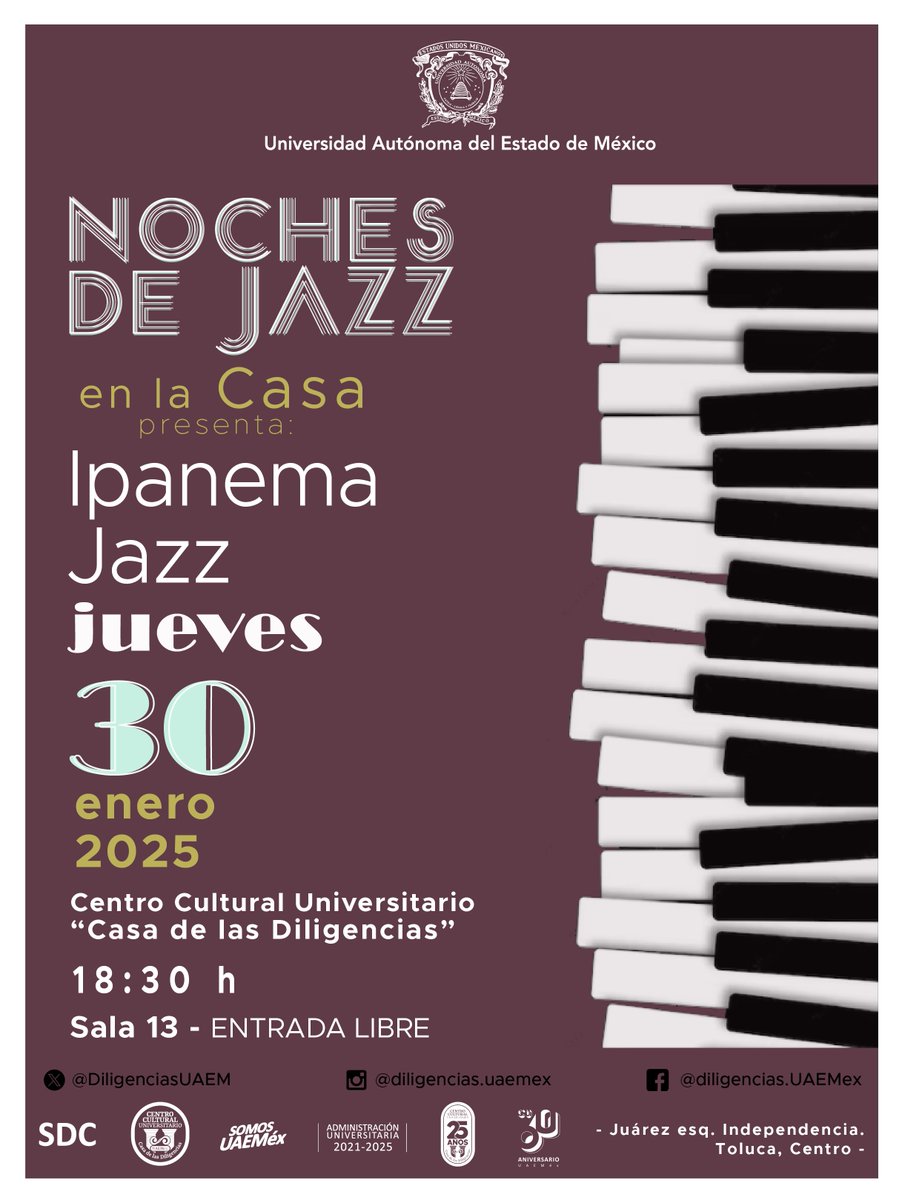 ¡Empezamos el 2025 con una Noche de Jazz en #LaCasa que no te puedes perder! Disfruta de nuestros amigos de Ipanema Jazz el próximo 30 de enero a las 18:30 h en Sala 13. ¡Te esperamos!

#SomosUAEMéx 💚💛
#SomosCultura
@SDC_UAEMex