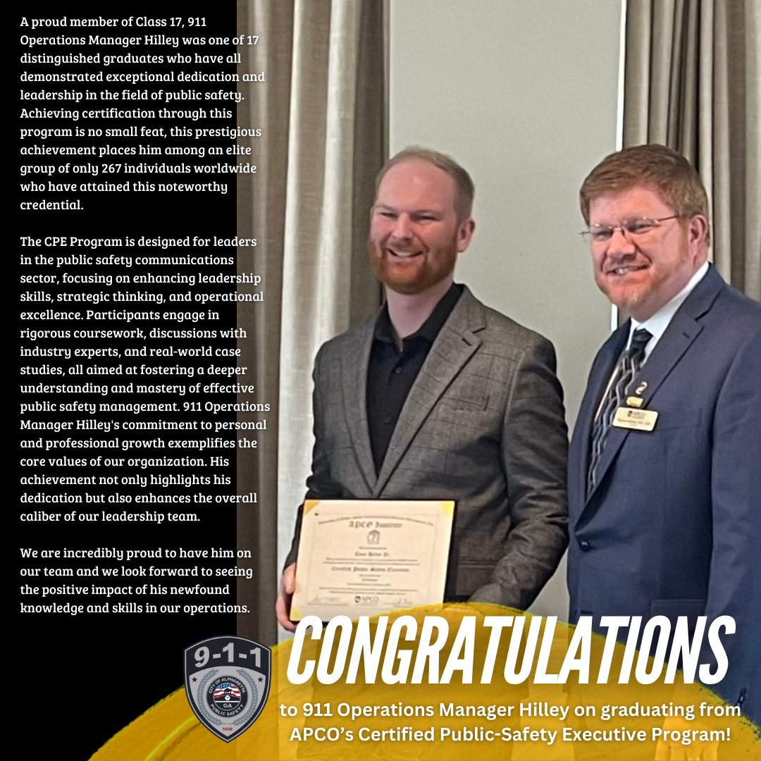 AlpharettaDPS's tweet photo. Congratulations to our 911 Operations Manager Hilley on his recent graduation from the Association of Public-Safety Communications Officials (APCO) Certified Public-Safety Executive (CPE) Program!

#ADPS #AlpharettaDPS #Alpharetta911 #Dispatch #Leadership  #APCO #CPE #Teamwork https://t.co/qKbajIeReI