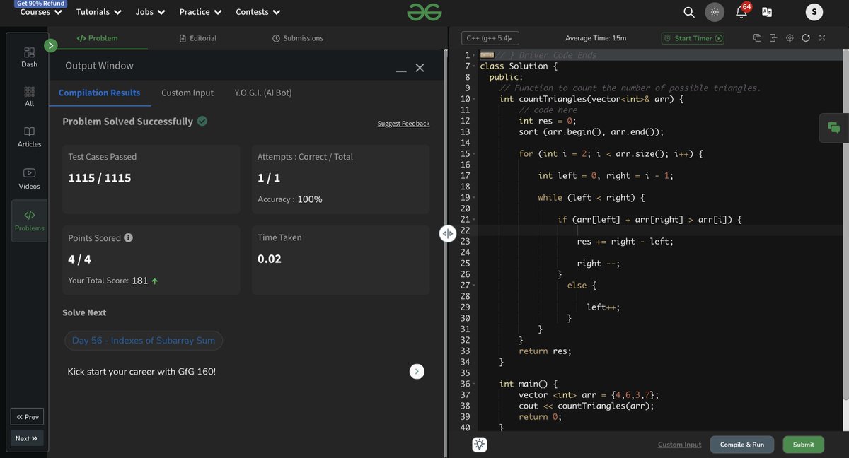 shhhubhika's tweet image. #Day55 of #gfg160 Challenge!
@geeksforgeeks

! #gfg160 #geekstreak2024 #CodingChallenge #womenintech 105 more days to go !