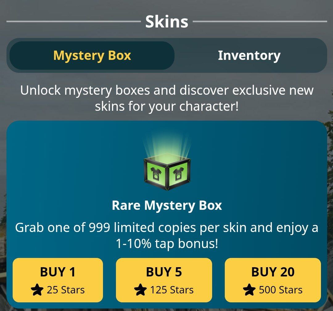 🎨 Own the Rarest Rich Dog Skins – Your Next Big Investment! 🖼

Introducing Rare, Epic, and Legendary Skins, each a limited-edition masterpiece:

Rare Mystery Box: 999 copies, 1-10% tap bonus.

Epic Mystery Box: 99 copies, 11-25% tap bonus.

Legendary Mystery Box: Only 9 copies,