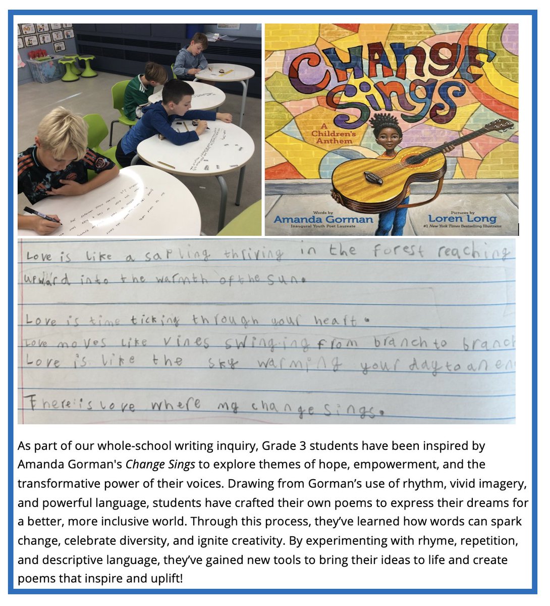 Grade 3 students, inspired by Amanda Gorman's Change Sings, are exploring hope, empowerment and the power of their voices! Through poetry, they’re dreaming of a better, more inclusive world learning how words can spark change and inspire creativity. #ISRprimary #ISRgrade3