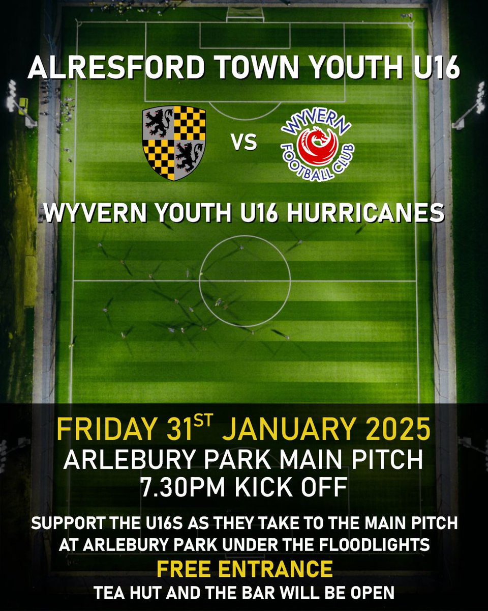 Come and support the ATYFC U16s as they take on Wyvern Youth U16 Hurricanes under the floodlights at Arlebury Park. KO 7.30pm on Friday 31st January. Free entry and bar will be open!