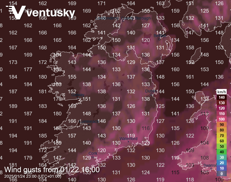 Ventuskycom's tweet photo. Ireland will be hit by one of the worst storms in decades on Friday. ⚠️🫣 Much of the island is expecting gusts of over 130 km/h, with gusts of over 150 km/h on the west coast. The damage will be extensive. Stay safe and don't travel at all. See maximum wind gusts on Friday: https://t.co/MXtyt0umuJ