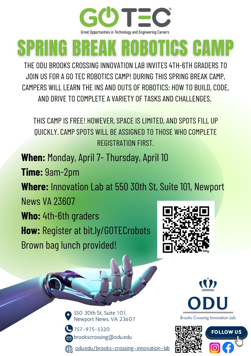 🚀 Join us at the Brooks Crossing Innovation Lab this spring! 🎉
Family Makerspace: Feb 8, May 31 (10 AM-2 PM)
Open Makerspace: Feb 5 &amp; 19, Mar 26, &amp; Apr 16 (4-7 PM)
GO TEC Robotics Camp (FREE!): April 7-10, 9 AM-2 PM for 4th-6th graders
#STEM #Makerspace #Innovation
