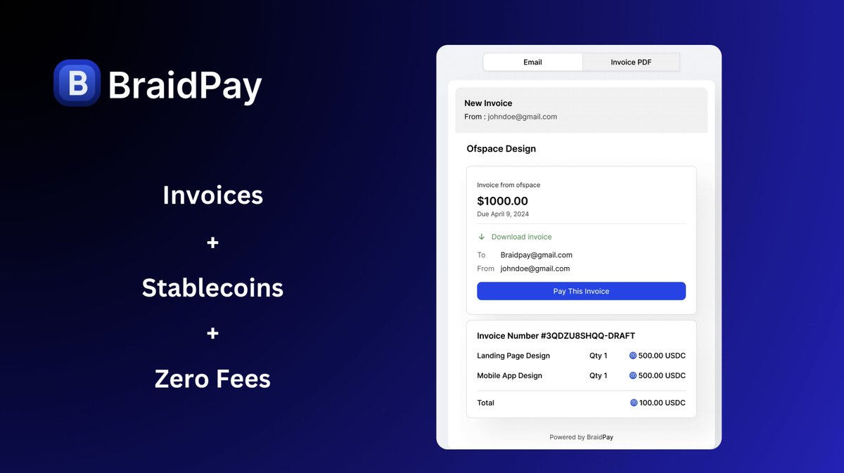 Send Invoices + Accept Stablecoins + Zero Fees = The new era of global payments, powered by BraidPay.

youtu.be/BYxg_yzb1pk