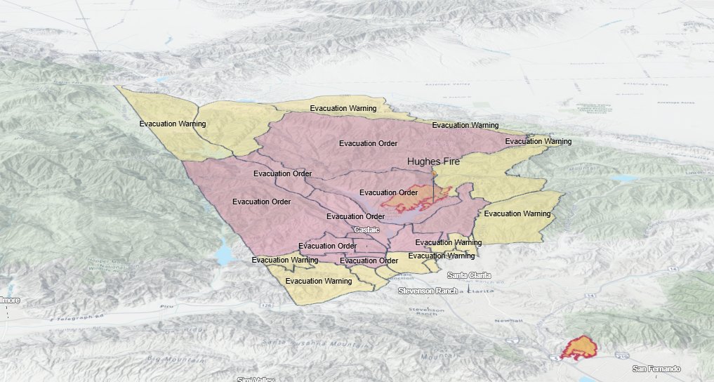 KTLA's tweet photo. The California Department of Forestry &amp; Fire Prevention (@CAL_FIRE) has created a 3D map of the #HughesFire in northern Los Angeles County. Tap to view: https://t.co/mFtsHHKARU https://t.co/0YQFh0BnOn