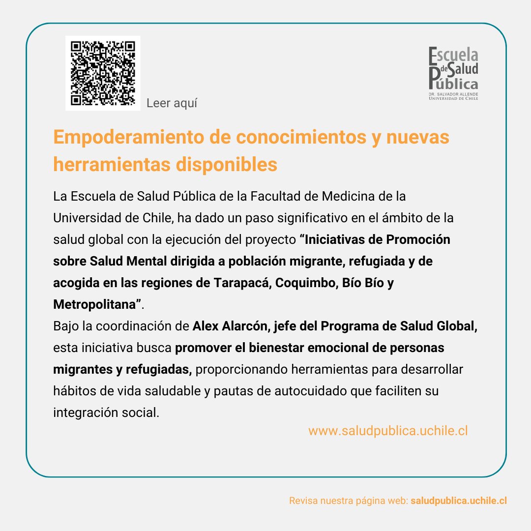 📢 La Escuela de Salud Pública desarrolla iniciativa para el bienestar de las personas migrantes en Chile 
Con el proyecto "Iniciativas de Promoción sobre Salud Mental para población migrante, refugiada y de acogida", la ESP sigue trabajando en terreno ➡️uchile.cl/sp225180