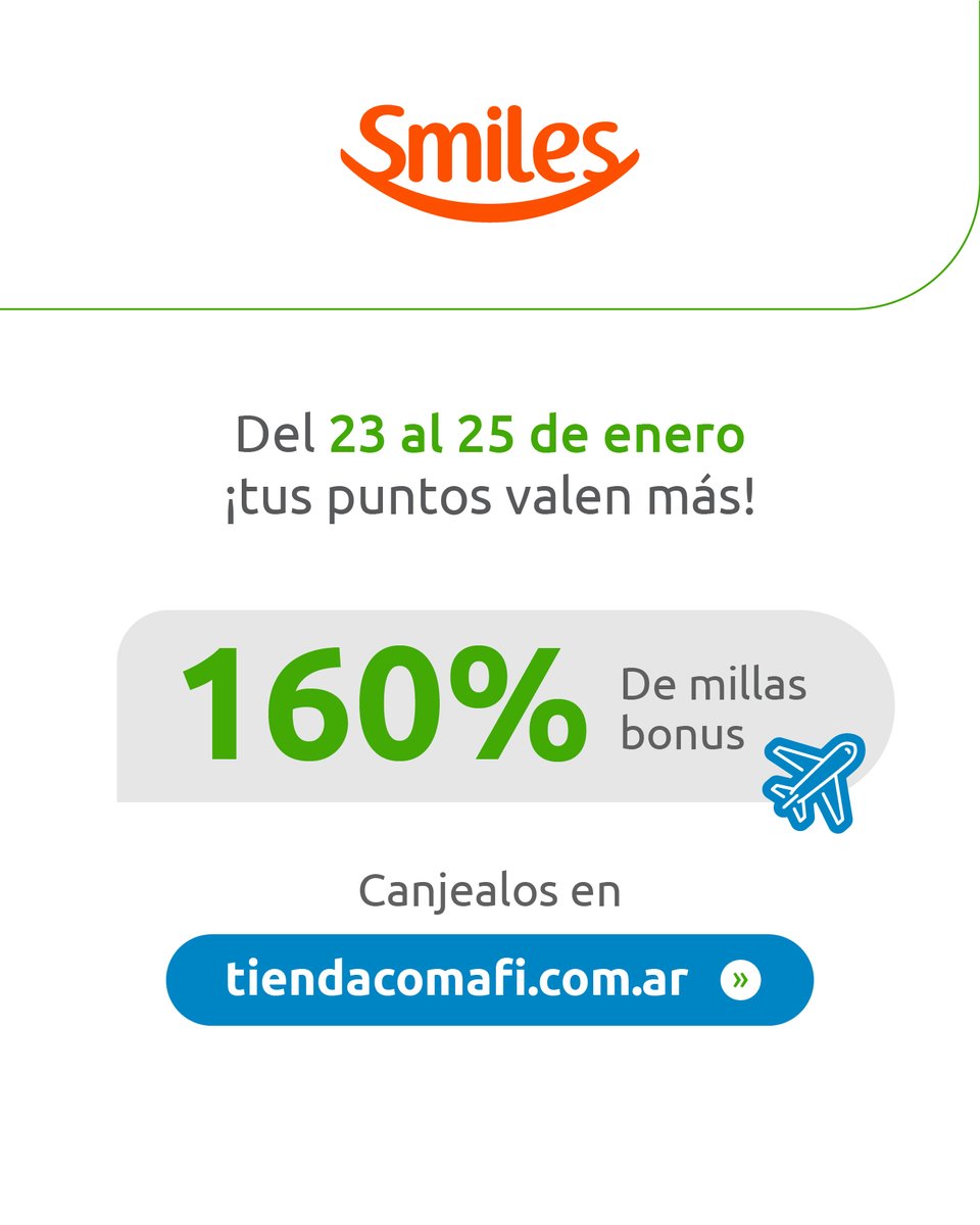✈️ ¡Tus puntos valen más millas! 🌏
En Tienda Comafi, canjeá tus puntos por millas <a href="/SmilesOficialAR/">Smiles Argentina</a> y llegá volando a tu destino.

💻 Del 23 al 25 de enero tus puntos valen más: aprovecha un 160% de millas bonus. 

Canjealos acá: tiendacomafi.com.ar/productos/20/s…