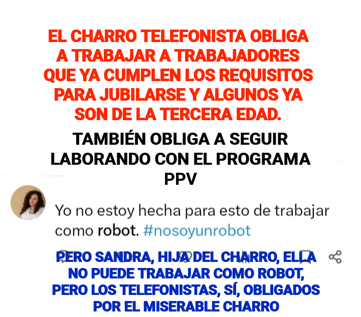 VSmafiasindical's tweet photo. #ElCharroVaACaer
Anselmi
Así las cosas, la privilegiada de la hija del charro, Sandra, no puede trabajar como robot, pero el padre, obliga a muchos trabajadores a seguir trabajando como viles robots https://t.co/lDNPACnpVq