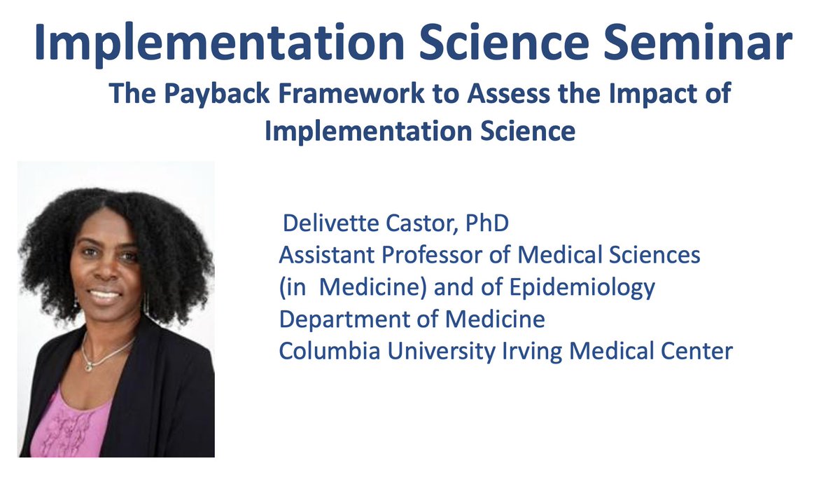 Dr. Rachel Shelton (@drrachelshelton) on Twitter photo Excited to learn from Dr. Delivette Castor on Friday about The Payback Framework to Assess the Impact of Imp Sci, a framework we are using in our U54 Center! Reach out to me if you are interested in joining this virtual seminar through our #impsci seminar at the CTSA <a href="/ColumbiaMed/">Columbia Medicine</a> Excited to learn from Dr. Delivette Castor on Friday about The Payback Framework to Assess the Impact of Imp Sci, a framework we are using in our U54 Center! Reach out to me if you are interested in joining this virtual seminar through our #impsci seminar at the CTSA <a href="/ColumbiaMed/">Columbia Medicine</a>