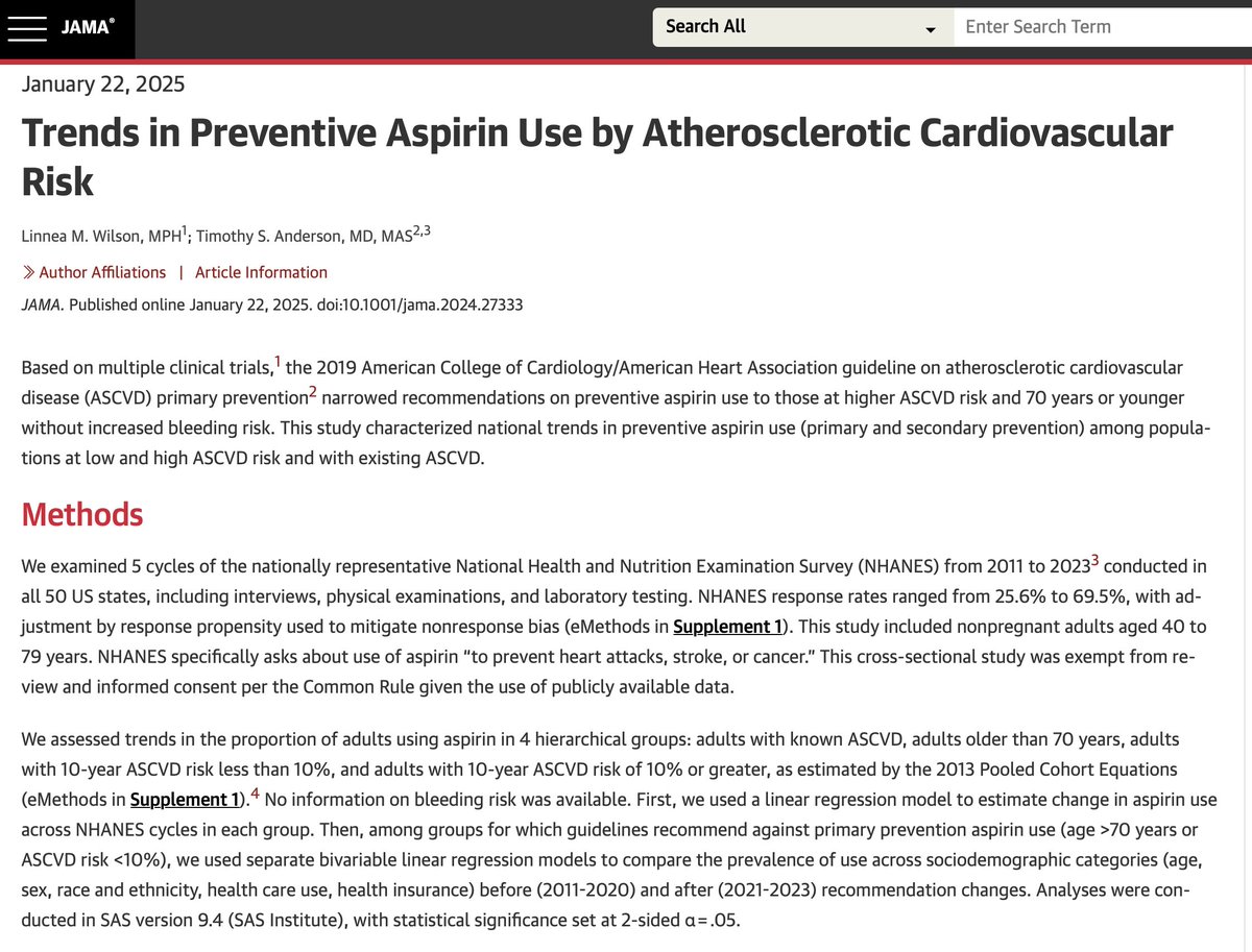 Important paper on the trends on #aspirin use in primary and secondary prevention in US. The trend is stable in 2ndary prevention based on guidelines, but it was significantly reduced (what is not a surprise) in primary prevention especially in older patients &gt;70 years of age for