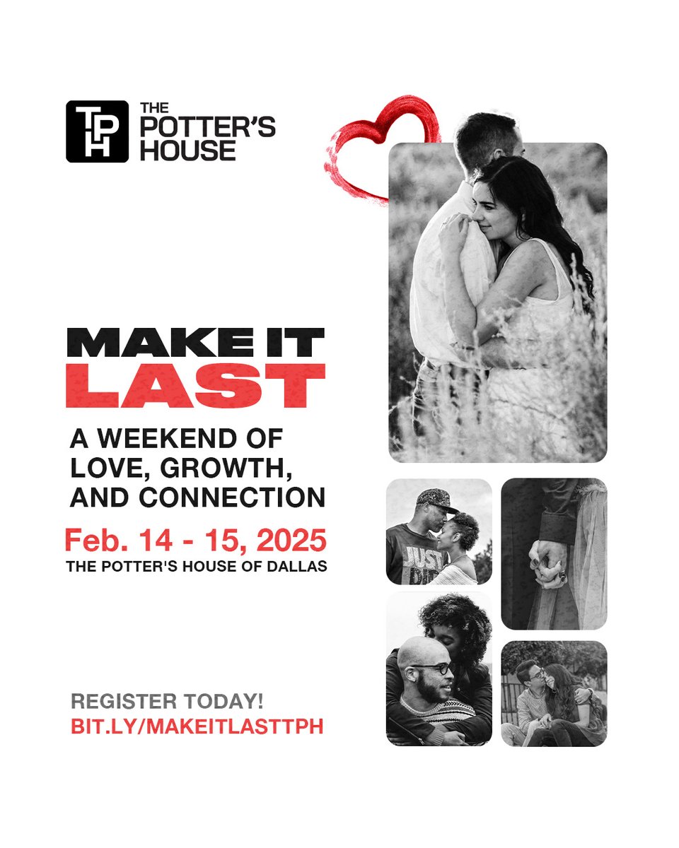 The Potter's House (@tphdallas) on Twitter photo 🚨The countdown is ON for Make It Last! Join Pastors <a href="/SJakesRoberts/">Sarah Jakes Roberts</a> and @ToureRoberts for an UNFORGETTABLE Valentine’s weekend at #TPHDallas with a fun adult prom and free enrichment seminars!
First 50 registered couples get a SPECIAL gift. Sign up NOW: bit.ly/MakeItLastTPH 🚨The countdown is ON for Make It Last! Join Pastors <a href="/SJakesRoberts/">Sarah Jakes Roberts</a> and @ToureRoberts for an UNFORGETTABLE Valentine’s weekend at #TPHDallas with a fun adult prom and free enrichment seminars!
First 50 registered couples get a SPECIAL gift. Sign up NOW: bit.ly/MakeItLastTPH