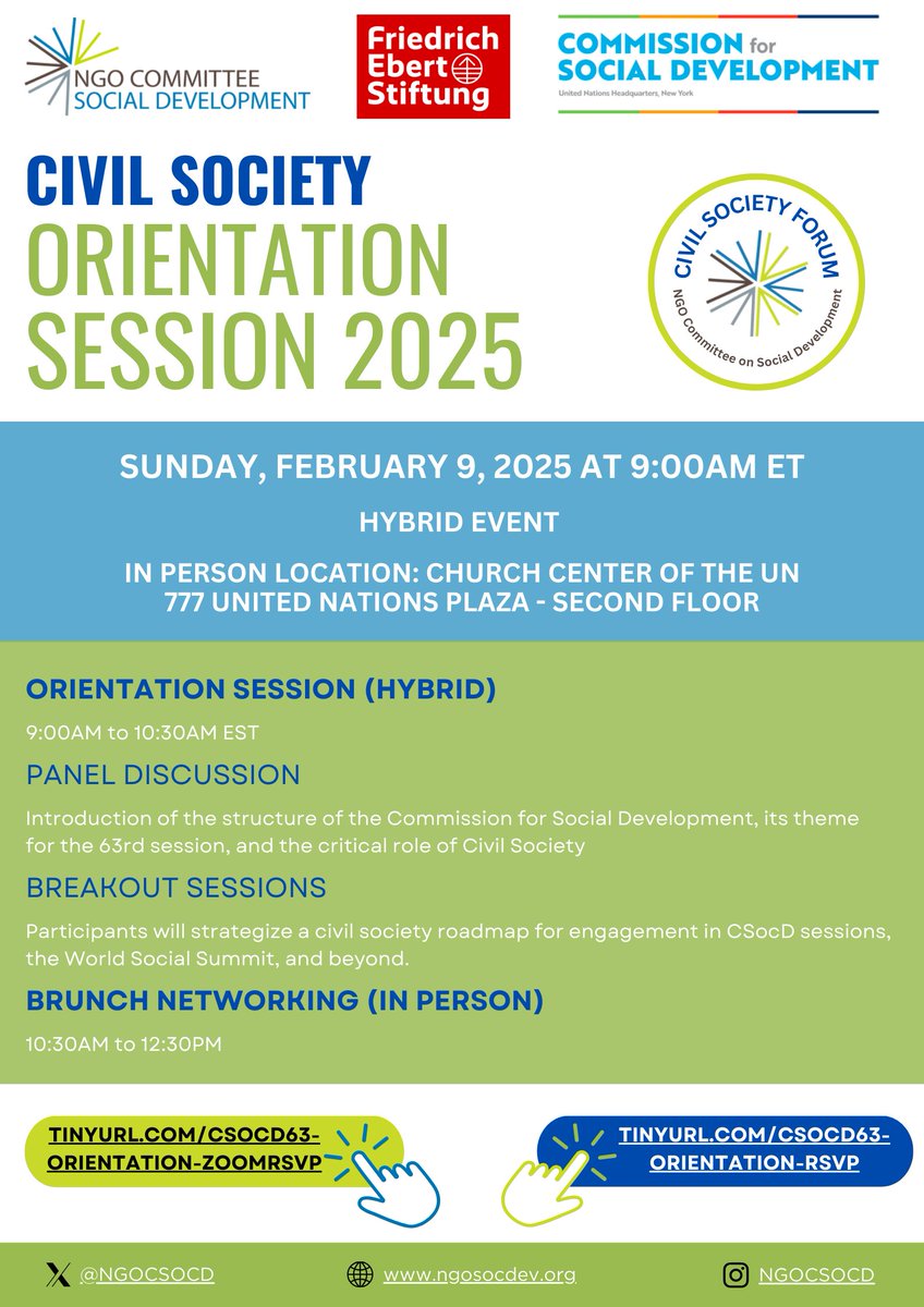NGO Committee for Social Development (@ngocsocd) on Twitter photo Join the NGO CSocD for our 2025 Civil Society Hybrid Orientation Session! This session will introduce the structure of the #CSocD63 and highlight the priority theme! All participants are welcome to join us in person at the Church Center of the UN or virtually through zoom. Join the NGO CSocD for our 2025 Civil Society Hybrid Orientation Session! This session will introduce the structure of the #CSocD63 and highlight the priority theme! All participants are welcome to join us in person at the Church Center of the UN or virtually through zoom.