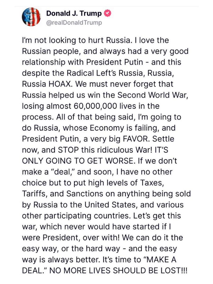 FinBlog452366's tweet photo. President Trump on Russia and the war in Ukraine: “We can do it the easy way, or the hard way. The easy way is always better. It’s time to MAKE A DEAL.”

⚠️Trump Threatens Russia With Sanctions and Tariffs Over Ukraine War (https://t.co/4GAvSNr12Y) https://t.co/QQiR3aQWfe