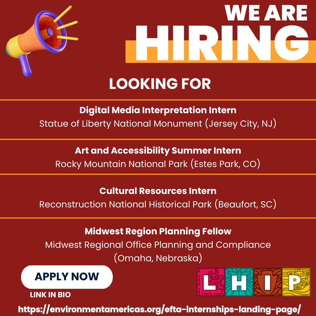 enviroamericas's tweet image. Environment for the Americas is accepting applicants for our Latino Heritage Internship Program. 

If you see a position you like, make sure you click the link in our bio, get more information, and apply! 

#internship #summerjob #environmentalcareer #conservation #nationalparks