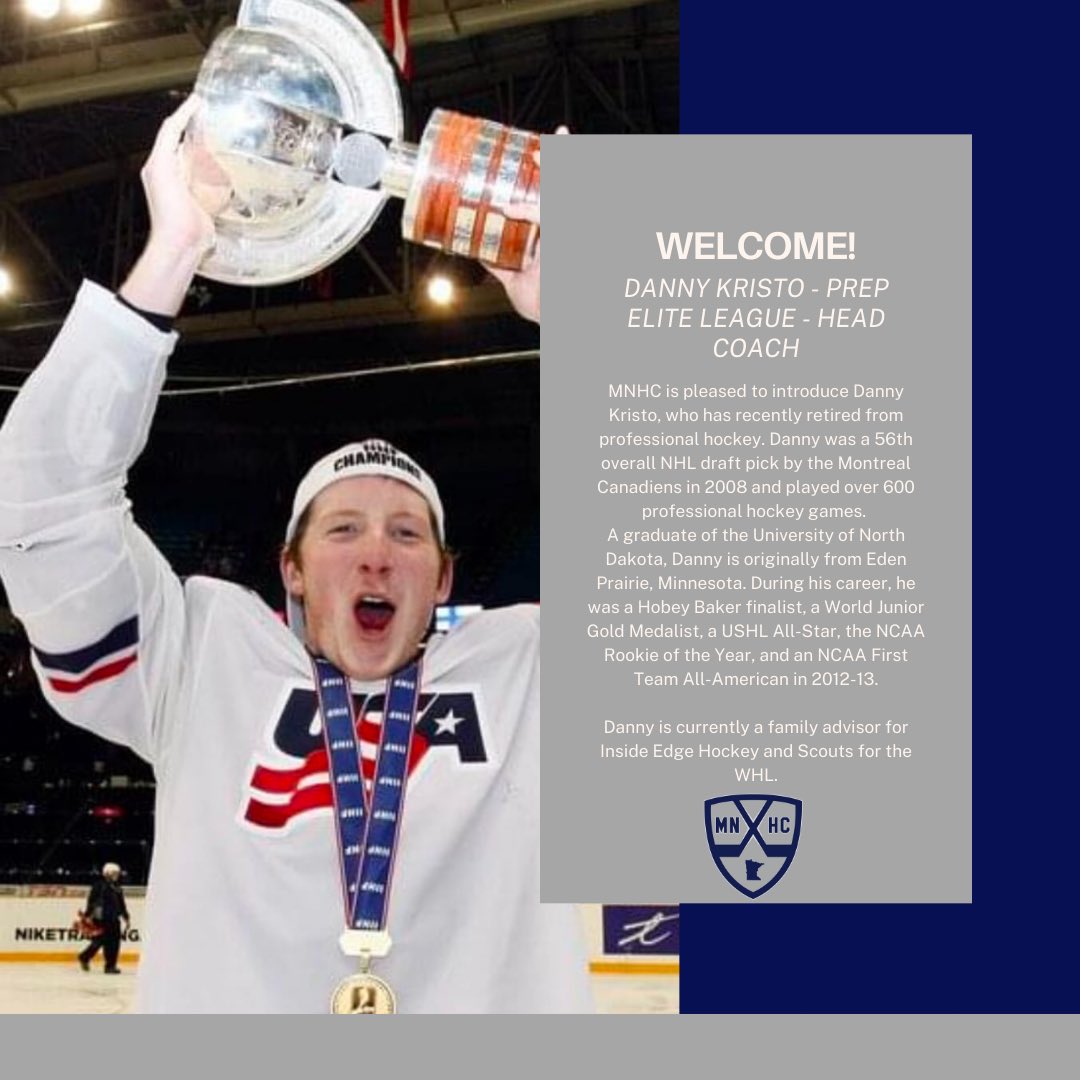 MNHockeyClub's tweet image. New Coach Alert!

We are excited to announce Minnesota Hockey Legend Danny Kristo as our PEL Head Coach.  Danny is an incredible example of MNHC cores values.  We look forward to getting this started this summer.