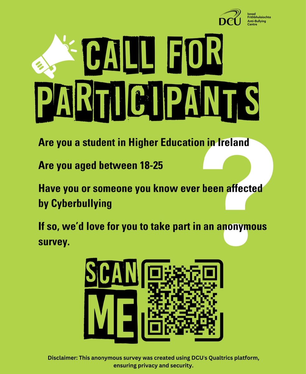 Dr Megan Reynolds (@megs__reynolds) on Twitter photo Higher Education Students 📣
Are you a student in higher education aged 18-25 in Ireland? 
If so, please consider taking part in this short survey to us gain insights into cyberbullying and mental health. Higher Education Students 📣
Are you a student in higher education aged 18-25 in Ireland? 
If so, please consider taking part in this short survey to us gain insights into cyberbullying and mental health.