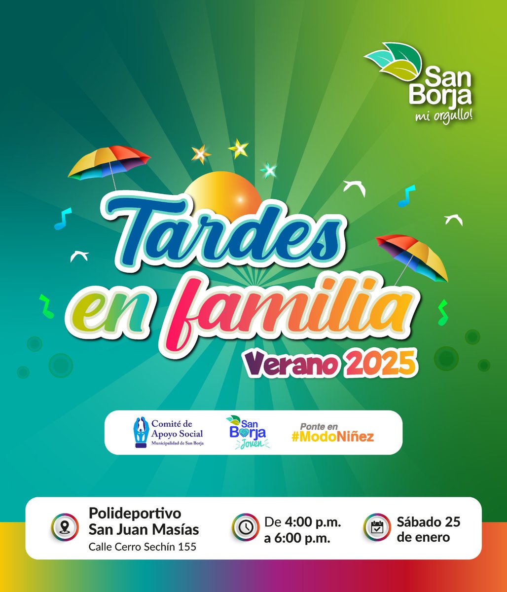MunideSanBorja's tweet photo. ☀️🌈| Acompáñanos este sábado 25 de enero en Tardes en Familia 👫👨‍👩‍👧‍👦, un espacio lleno de alegría, juegos y actividades. 🎈 

📍 Polideportivo San Juan Masías
⏰ De 4:00 p.m. a 6:00 p.m.
☝ Recuerda que el ingreso son víveres no perecibles para actividades de ayuda social. https://t.co/elkFTceG82
