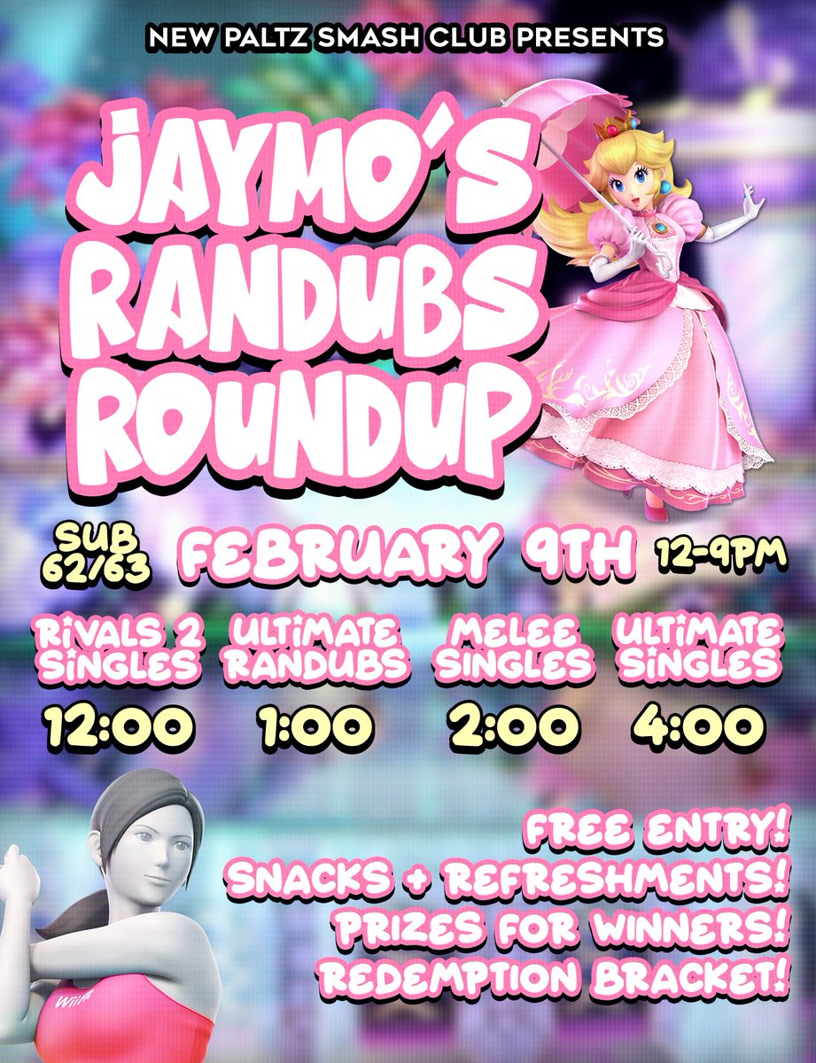 Our first major event of the spring semester, Jaymo’s Randubs Roundup, will be taking place on Sunday, February 9th, 2025 in SUB 62/63 of the New Paltz Student Union Building from 12-9 PM. Bracket times are as listed below. Pre-reg at: start.gg/tournament/nps…