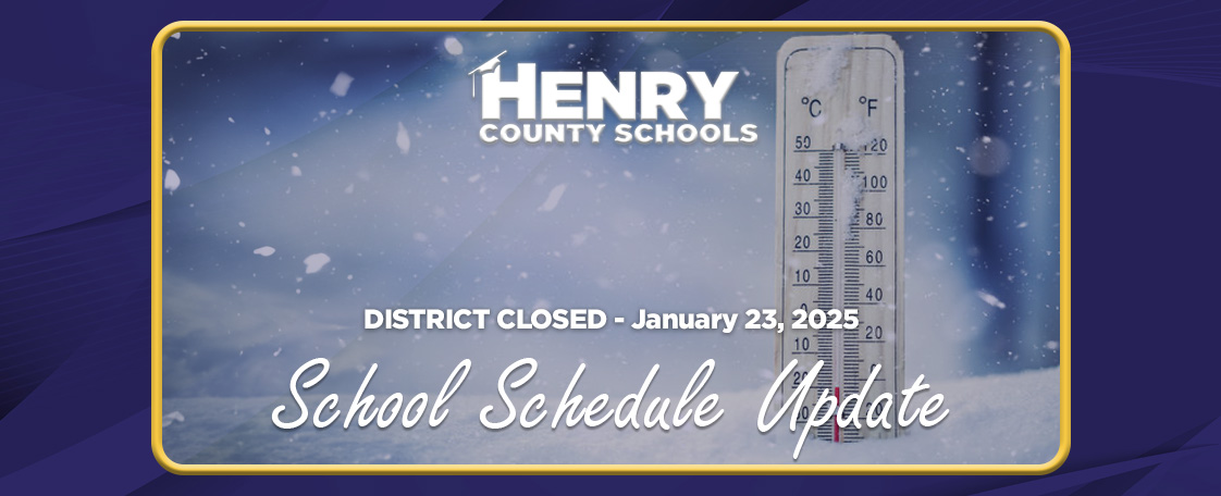 Henry County Schools (@henrycountyboe) on Twitter photo Based on the latest information from Henry County EMA regarding persistent hazardous road conditions, Henry County Schools will be closed on Thursday, Jan. 23. With the exception of essential operational employees who will be contacted by their supervisor, no employees should Based on the latest information from Henry County EMA regarding persistent hazardous road conditions, Henry County Schools will be closed on Thursday, Jan. 23. With the exception of essential operational employees who will be contacted by their supervisor, no employees should