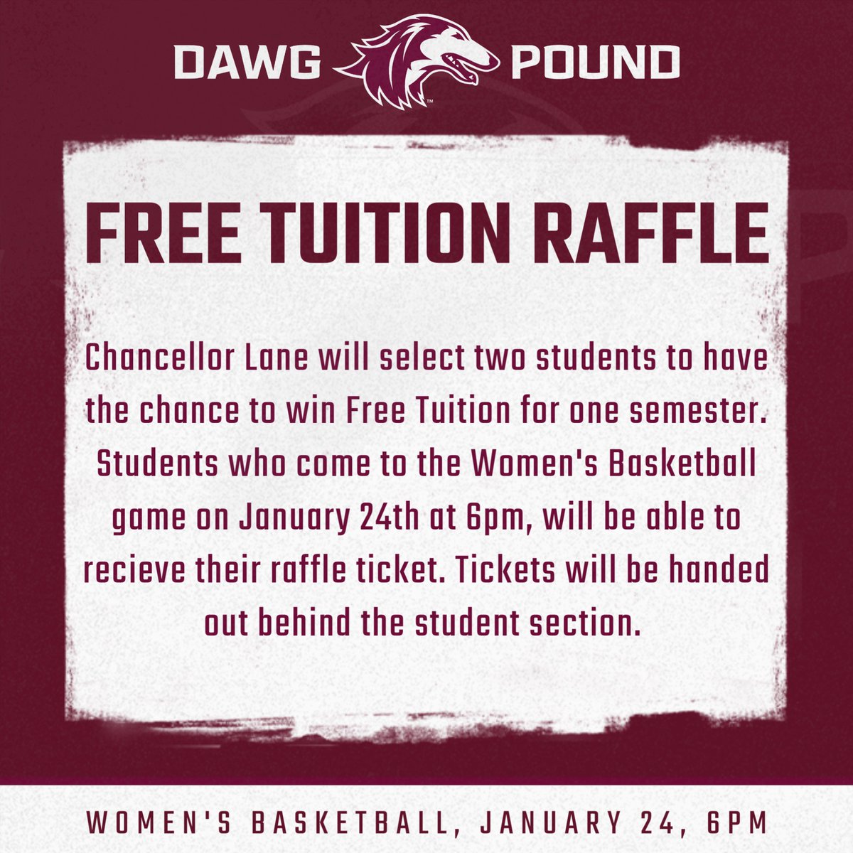 SIU_DawgPound's tweet photo. January 24th, 6pm, Women's basketball! Students who attend the game will be entered into a raffle for a chance to win free tuition! Please show up before the game starts in order to enter the raffle! Find us behind the student section! 

#Salukis | #PackThePound https://t.co/qH9ioLi9IB