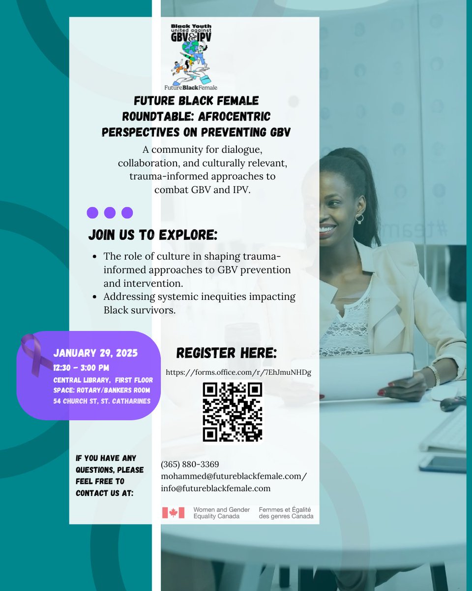 OVOV is excited to share that Future Black Female is hosting a roundtable on January 29, 2025. 
Date: January 29, 2025
Location: Central Library, First Floor, Rotary/Bankers Room
54 Church St, St. Catharines
Register Now: lnkd.in/gsXxHWyE