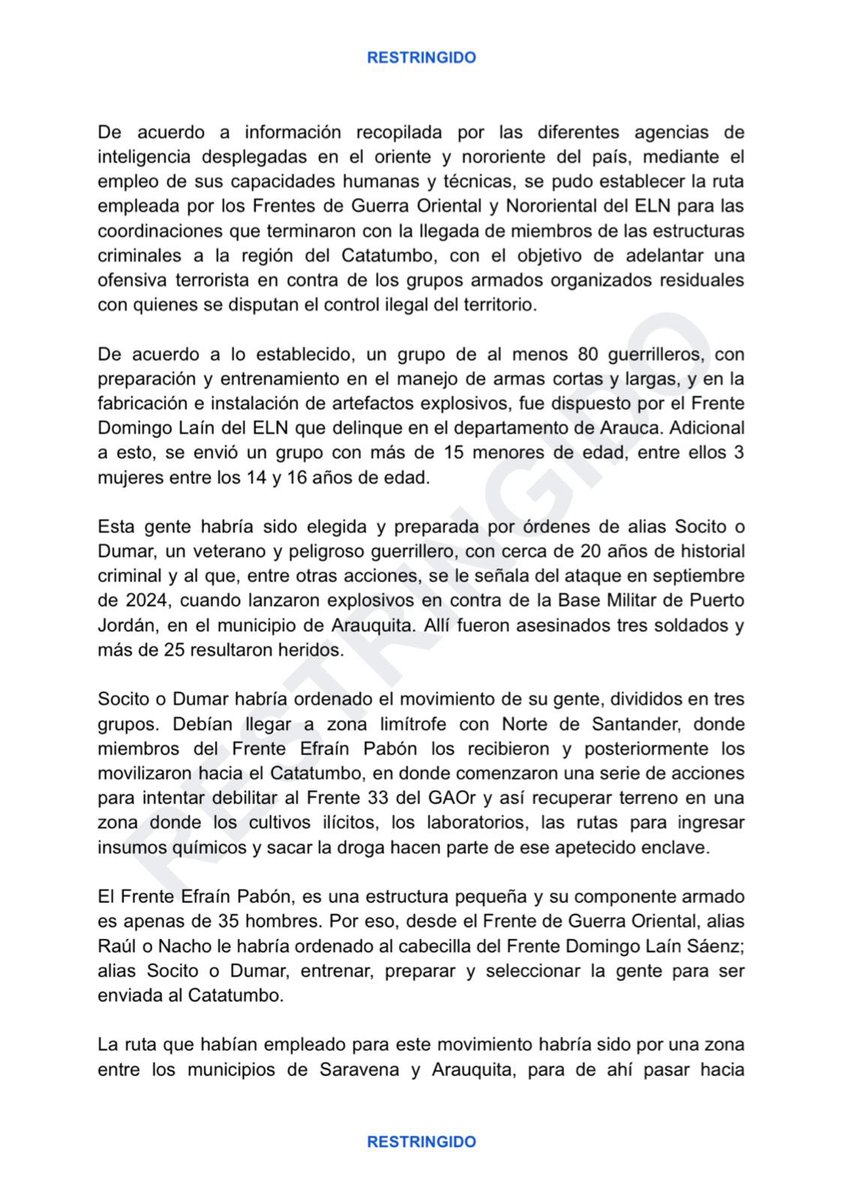 Ramnier's tweet photo. Medios Colombianos acaban de publicar un informe de inteligencia militar que revela que el grupo guerrillero ELN pudo llegar y ejecutar la masacre en la región del Catatumbo (Colombia) porque se les dió paso por Venezuela a traves de los Estados Tachira y Zulia. Muy grave esto. https://t.co/ruYaO1FmAt