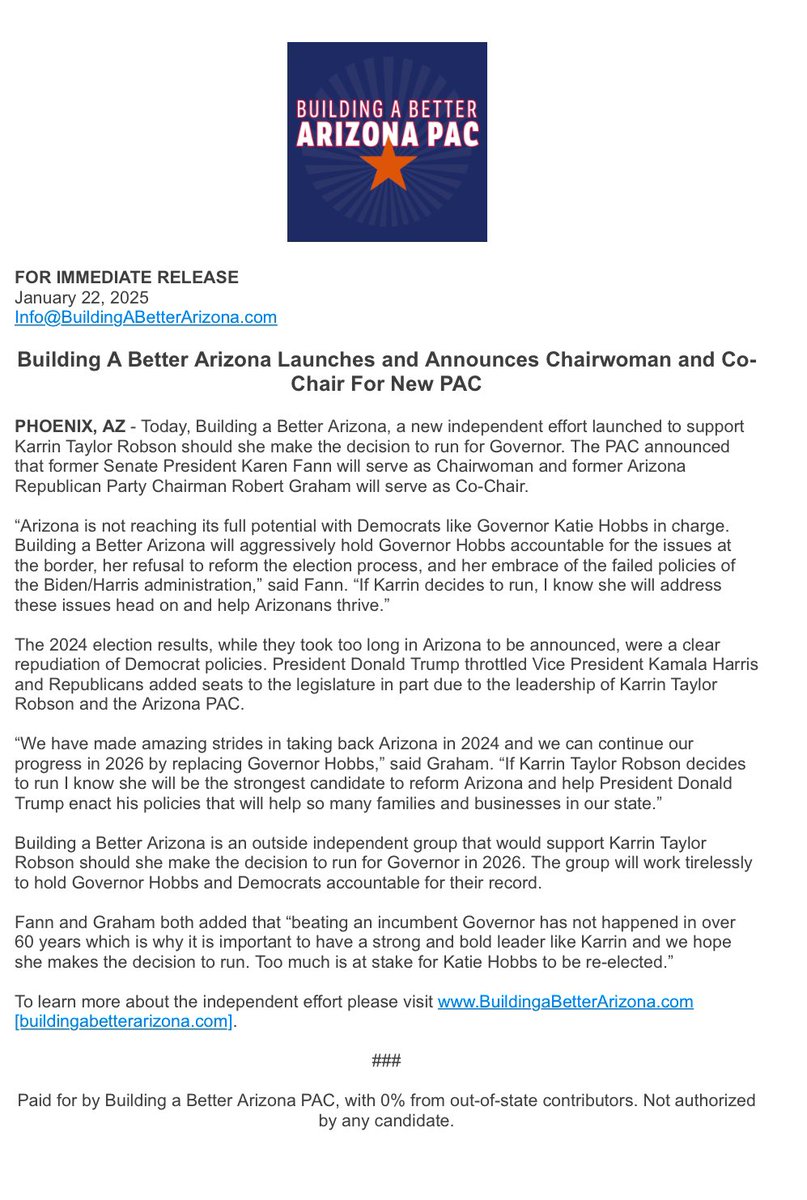 Former Arizona state Sen. Karen Fann will serve as chair, former AZGOP chair Robert Graham co-chair. Trump said in late December that Robson was “going to have my support.”