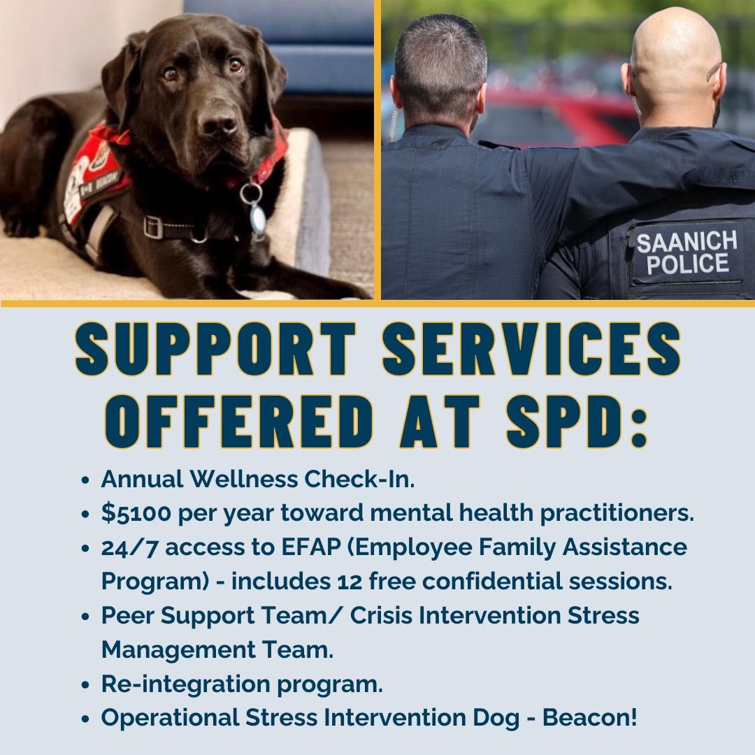 Today is Bell Let’s Talk Day - the perfect day to showcase the many support services the Saanich Police Department offers to its employees. 

Want to learn more about the benefits that SPD has to offer? Visit JoinSPD.ca to learn more. #BellLetsTalk