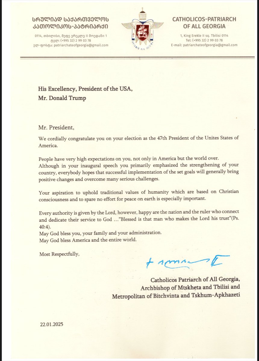 patriarchGEO's tweet photo. His Excellency, President of the USA, 
Mr. @realDonaldTrump 
Mr. @POTUS ,
We cordially congratulate you on your election as the 47th President of the Unites States of America https://t.co/bg1Znrw84O