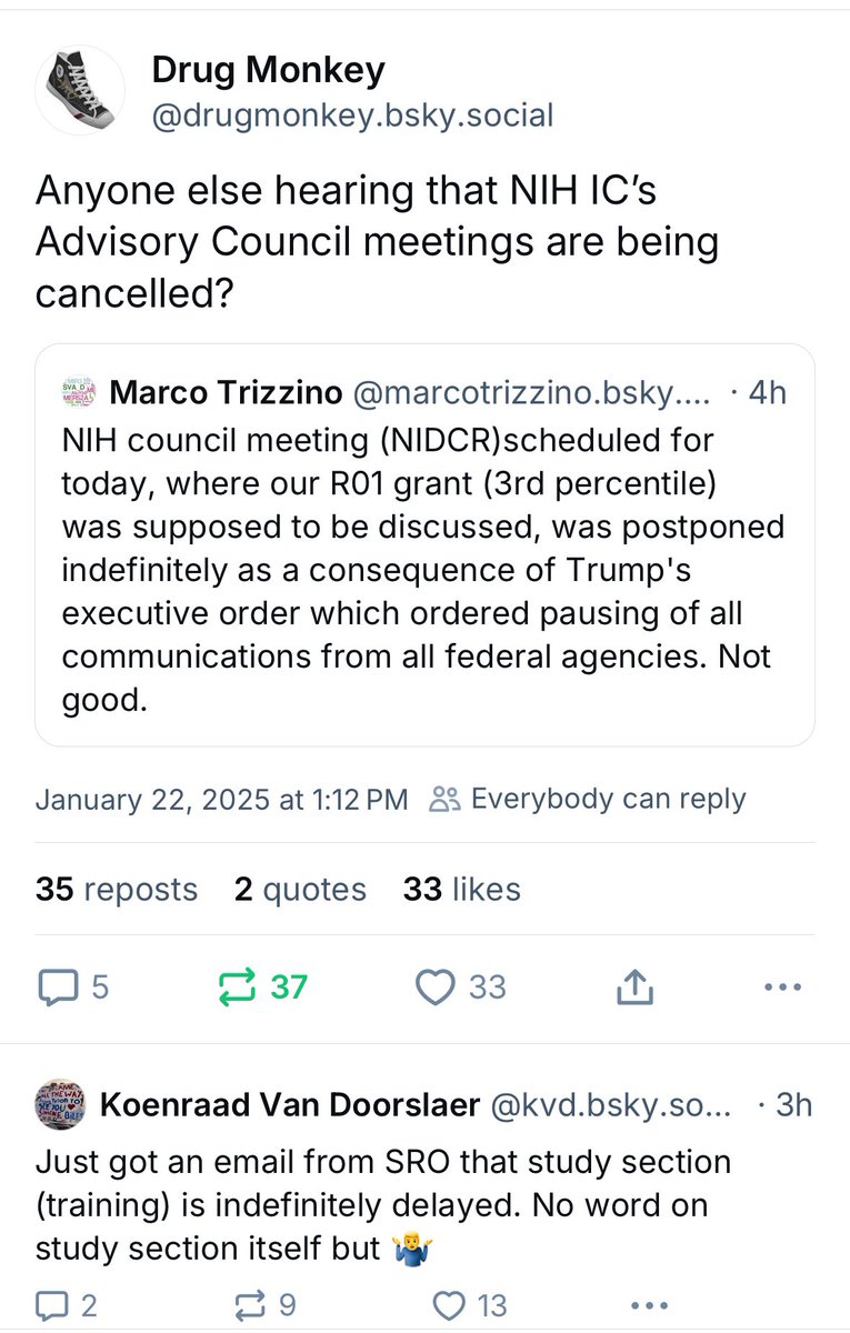 Not sure it’s making it through the noise over here (at least not on my feed), but seems like all NIH review panels are getting canceled?