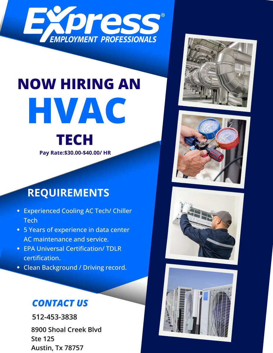 We are now hiring an HVAC Technician in North Austin. To apply, visit our website at mygen1.expresspros.com/onlineadmin/li… or call us at 512-453-3838 for more information.