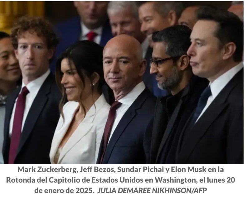 OverDoradoC's tweet photo. #TrumpElFascismo los grandes
 empresarios Elon Musk,director ejecutivo de Tesla, dueño de SpaceX y X (antes Twitter); Sundar Pichai, director ejecutivo de Google; Jeff Bezos, director ejecutivo de Amazon; y Mark Zuckerberg, CEO de Meta… además de la derecha internacional, una apuesta del imperialismo y las relaciones sociales de producción que se profundizarán.
La distribución de la riqueza que tendrá un a tendencia aporofobica, la desigualdad social, el terror y la muerte serán parte de la civilización a mantener con sus intereses de clase.
Las relaciones obrero-patronales  serán con el sello de clase en comento.
