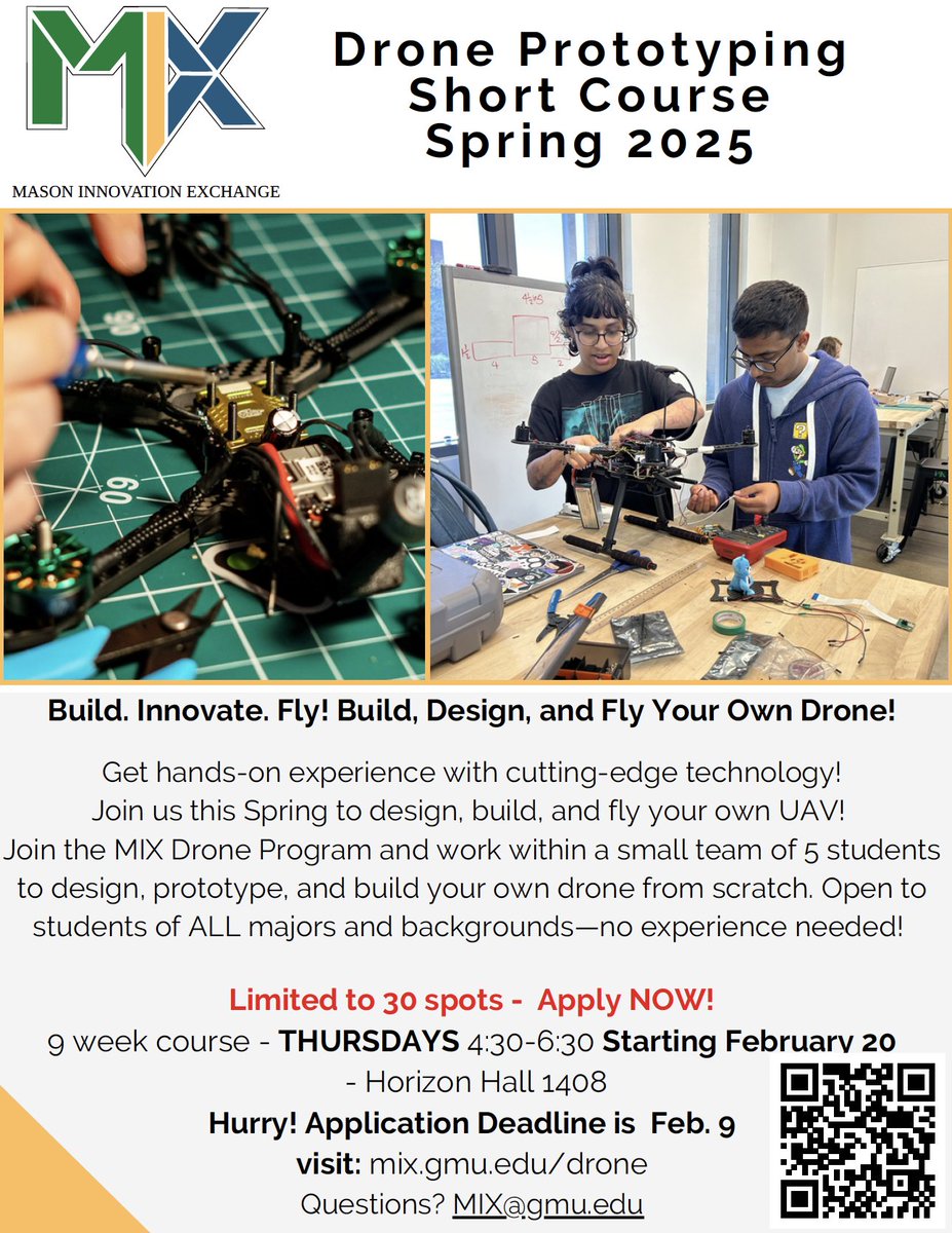 Mason Innovation Exchange (@mixatmason) on Twitter photo There may have been drone sightings recently, but this one you'll wanna check out.... The MIX Drone, Unmanned Aerial Systems Prototyping, short course is back! Apply by February 2nd to get a chance to build and pitch your own Drone ideas. mix.gmu.edu/drone There may have been drone sightings recently, but this one you'll wanna check out.... The MIX Drone, Unmanned Aerial Systems Prototyping, short course is back! Apply by February 2nd to get a chance to build and pitch your own Drone ideas. mix.gmu.edu/drone