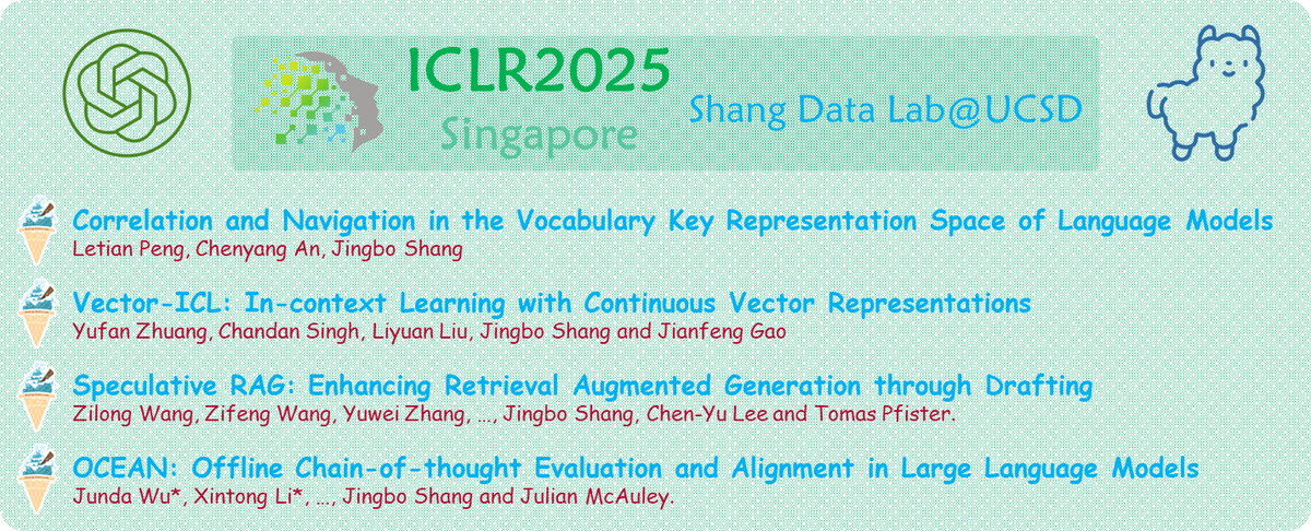 shangdatalab's tweet photo. We're thrilled to announce that 4 groundbreaking papers by our brilliant students have been accepted to #ICLR2025! 🎉 Focused on core representations in #LLM, our research covers both their limitations and applications. Join us in Singapore 🇸🇬 for these exciting insights! 🚀 https://t.co/TmUa7Uaacl