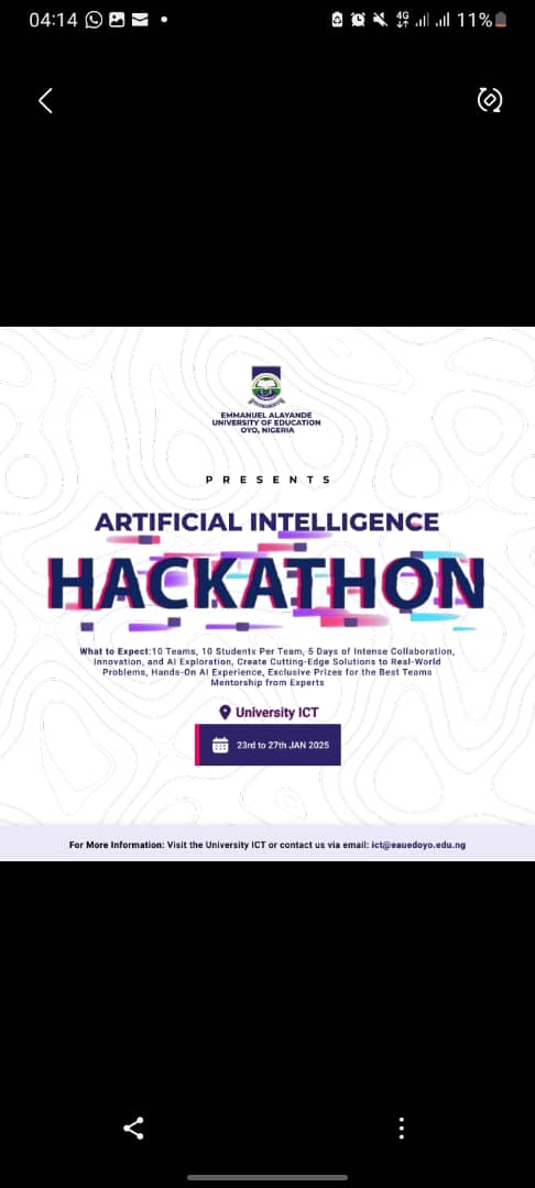 dairom2's tweet photo. Are you ready to unleash your creativity, challenge your problem-solving skills, and collaborate with like-minded innovators?

 Don’t miss the AI Hackathon, proudly organized by Emmanuel  Alayande  University, Oyo in collaboration with SchoolTry &amp; Techmindset Africa. #LOlaniyan https://t.co/zLtsH2oVi5