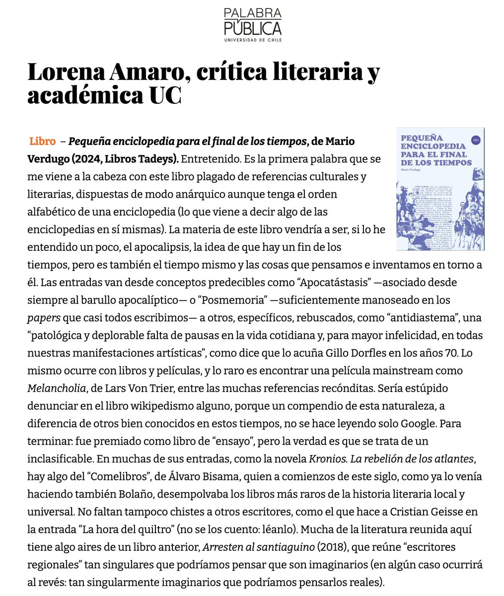 «Pequeña enciclopedia para el final de los tiempos» de Mario Verdugo entre las recomendaciones de verano de <a href="/lamaroc/">Lorena Amaro</a> en <a href="/PalabraPublica_/">Palabra Pública</a>☀️📚😎