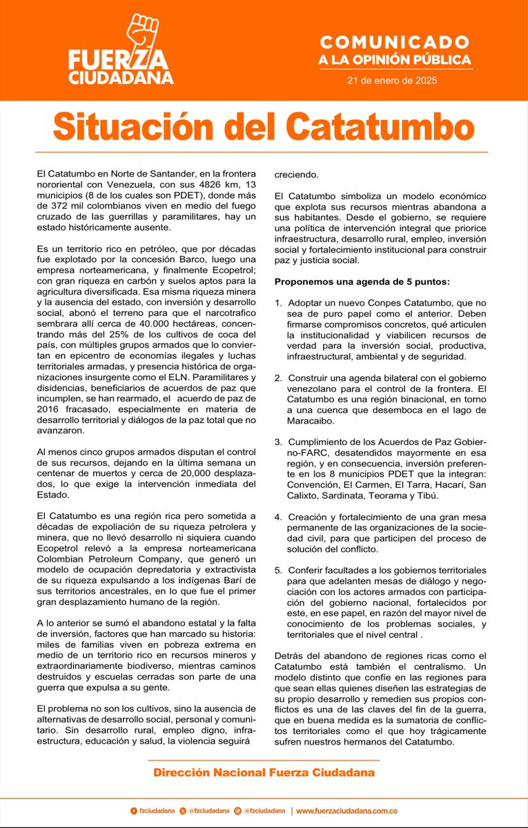 El Catatumbo simboliza un modelo económico que explota sus recursos mientras abandona a sus habitantes. Desde el gobierno, se requiere
una política de intervención integral que priorice infraestructura, desarrollo rural, empleo, inversión
social y fortalecimiento institucional