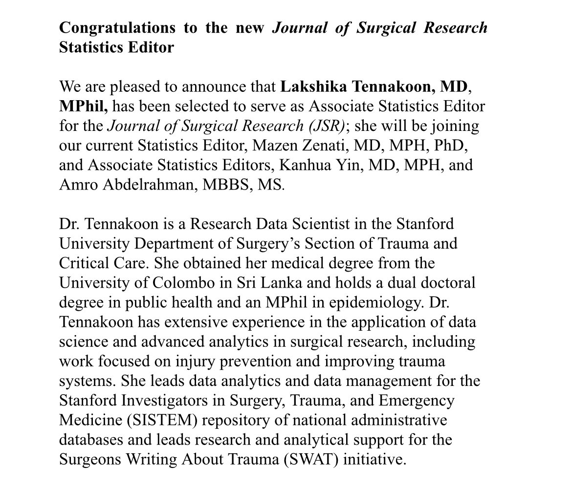 JSurgRes's tweet image. 🔥 Please welcome 
Lakshika Tennakoon, MD,MPhil, has been selected to serve as Associate Statistics Editor; she will be joining our current Statistics Editor, Mazen Zenati, MD, MPH, PhD, and Associate Statistics Editors, Kanhua Yin, MD, MPH, and Amro Abdelrahman, MBBS, MS.