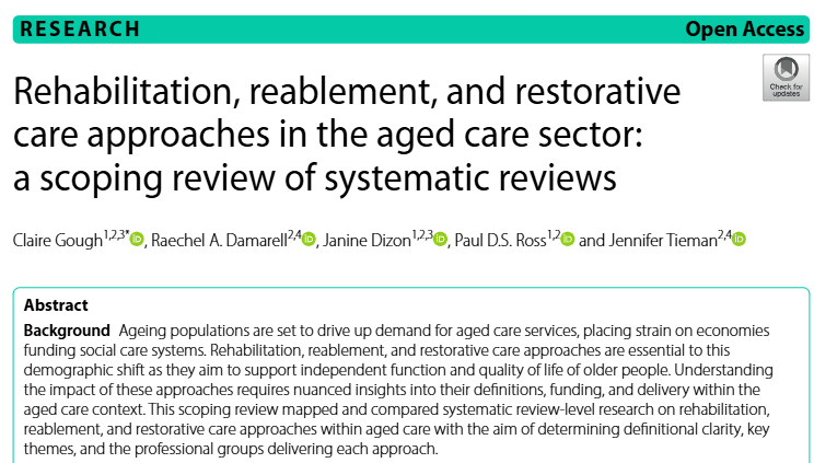 Ageing populations are set to drive demand for #AgedCareServices, straining social care systems. #Rehabilitation, #reablement &amp; #restorativecare are key to supporting independence &amp; quality of life.

New review explores these approaches in aged care👇
link.springer.com/epdf/10.1186/s…