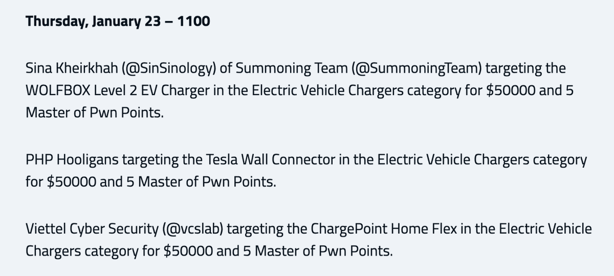 thezdi's tweet photo. Day Two of #Pwn2Own Automotive starts soon, and the #WOLFBOX and #Tesla EV chargers are set to make their debut. Stay tuned for results! #P2OAuto https://t.co/bBXfLoYRnE