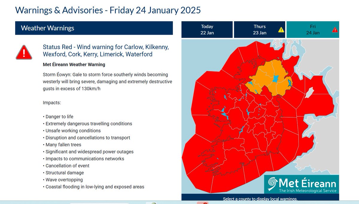 Maynooth University Campus will be closed on Friday, 24 January as a  Status Red wind warning has been issued for the entire country, effective from 6:00 am to 12:00 pm across Kildare, due to Storm Éowyn.

met.ie/warnings-frida…
