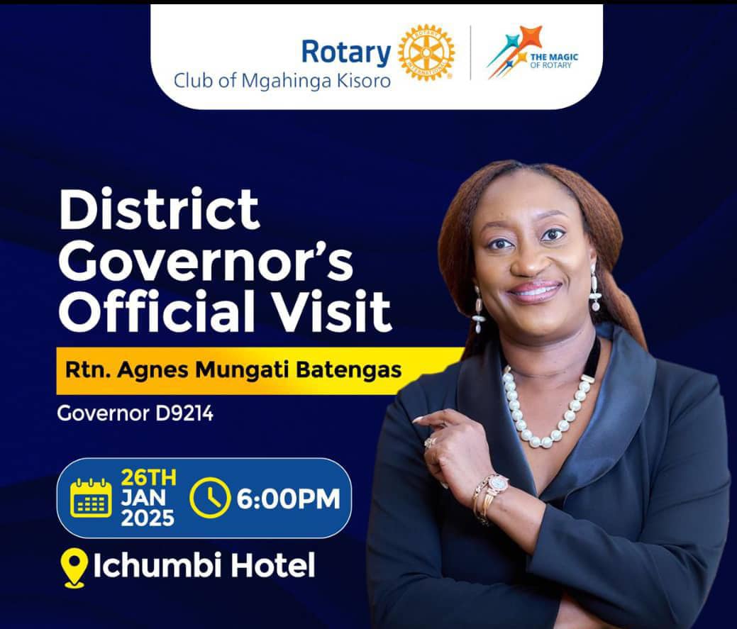 Join the Distict Governor Agnes at RC Mgahinga Kisoro this Sunday. See you there🙏🙏🙏
<a href="/MgahingaKisoro/">Rotary Club of Mgahinga Kisoro</a>, <a href="/OfKansanga/">Rotary Club Of Kansanga</a> <a href="/kanosug/">Rotaract Kampala North</a> <a href="/RCBushenyi/">Rotary Club of Bushenyi</a> <a href="/RCEntebbe/">Rotary Club Of Entebbe (D9214)</a> <a href="/RCMbararaEast/">Rotary Club Of Mbarara East</a> <a href="/rotaryd9214/">RotaryDistrict9214</a> <a href="/RCibanda/">ROTARY CLUB OF IBANDA</a>, <a href="/RotaractD9214/">Rotaract District 9214</a> <a href="/rotaryd9213/">Rotary District 9213</a>, <a href="/rotaryd9214/">RotaryDistrict9214</a>, <a href="/RotaryMedia256/">R. MEDIA UG</a> @rotaryug <a href="/RotaryRanchers/">Rotary Club of Mbarara Ranchers</a>