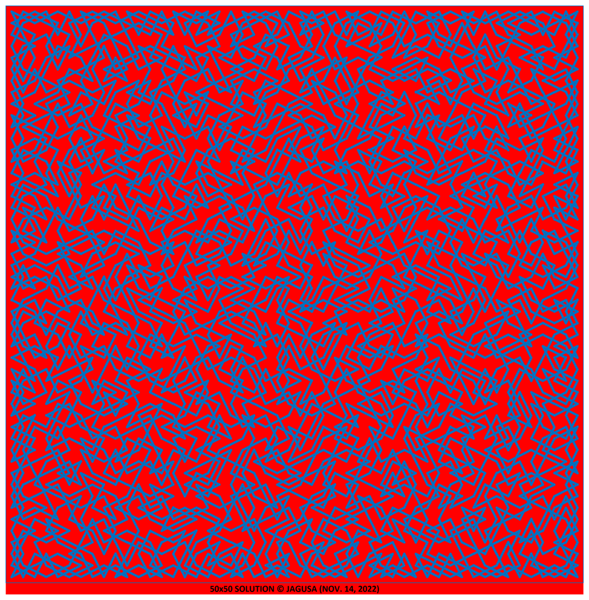 Jarigusa's tweet photo. The Knight's Tour Problem:
#A_Geometric_Approach
By modifying a 50x50 symmetric Solution as the one seen on the diagram, we can obtain new symmetric trajectories.
#No_trial_and_error
#General_Analytic_Method
#Trajectory_Algorithms
#Inspired_By_Archivald_Sharp_1925
#Jan_22_2025 https://t.co/2FTkABSMiW