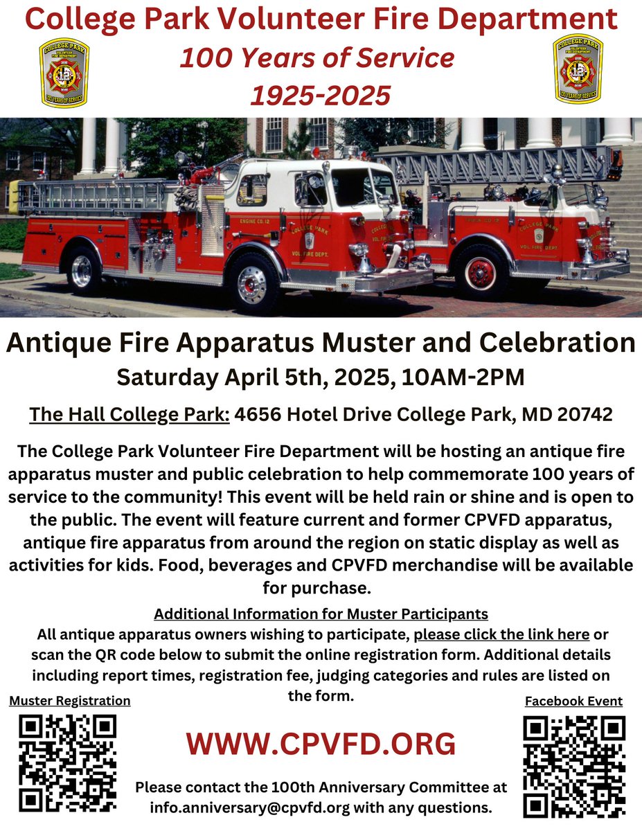Please see and share the flyer for the CPVFD 100th anniversary public celebration and antique fire apparatus muster. 

We do have a version of the flyer in .pdf with active links. If you would like a copy to share via email, please reach out to us at info.anniversary@cpvfd.org.