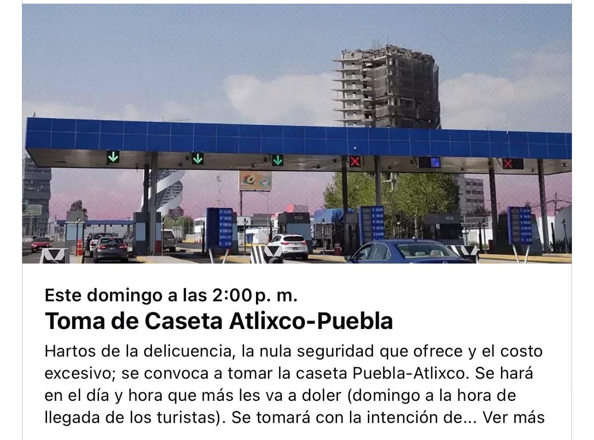 Periódico e-consulta (@e_consulta) on Twitter photo #ÚLTIMAHORA 🔴 Promueven en Atlixco la toma de la caseta Atlixco-Puebla por la inseguridad.
La convocatoria es para este domingo a las 14 horas.
Vía <a href="/ReporterAtlixco/">Angelina Bueno</a> #ÚLTIMAHORA 🔴 Promueven en Atlixco la toma de la caseta Atlixco-Puebla por la inseguridad.
La convocatoria es para este domingo a las 14 horas.
Vía <a href="/ReporterAtlixco/">Angelina Bueno</a>