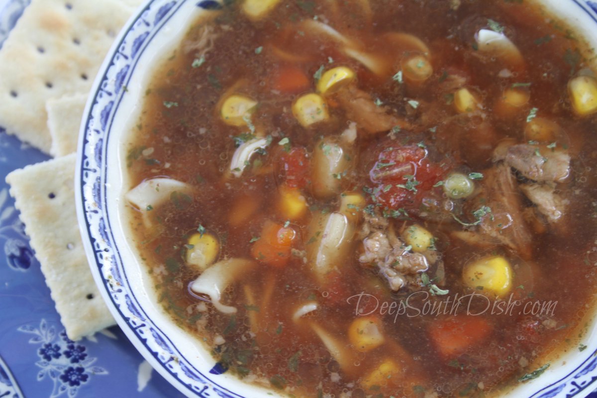 I call this vegetable beef soup my "quick fix" version because instead of a roast, I make it with a leaner cut of beef for faster cooking! deepsouthdish.com/2008/11/mary-s… - Sure have been enjoying it on our crazy snow days!