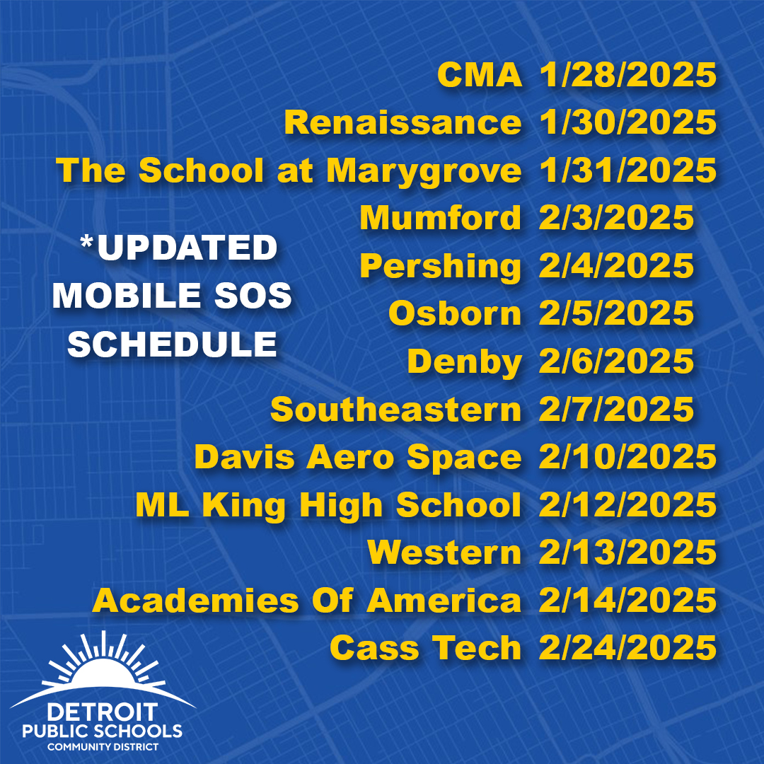 The Secretary of State Mobile Unit Program is returning to DPSCD. Families, staff, students, and residents of Detroit will have access to the designated schools on the dates listed from 10 AM to 3 PM to conduct business.