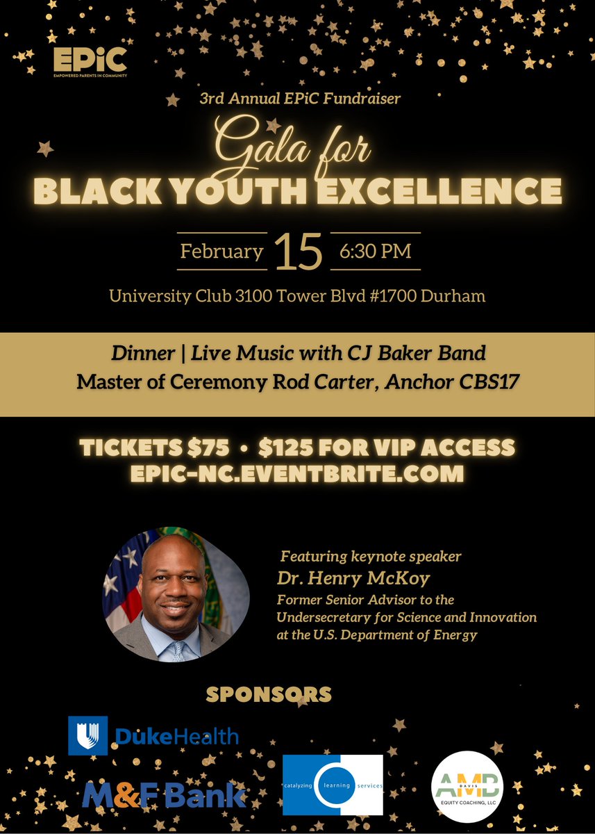 ✨ Celebrate Black Youth Excellence! Join EPiC’s Gala featuring keynote Dr. Henry McKoy &amp; MC Rod Carter, CBS17 Anchor.
🎟 Tickets: $75 | VIP: $125
📅 Sponsorships available!
Get your tickets now: givebutter.com/epicgala2025

#BlackExcellence #EPiCGala