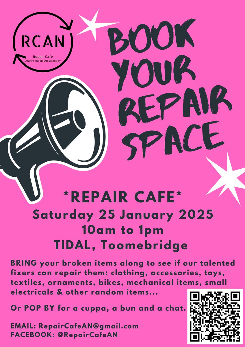 This Saturday our fab fixers will be at TIDAL in Toomebridge.

If you're not sure if we can help or you've got a query, you can message us or email on repaircafean@gmail.com

Book your repair* here: ti.to/repair-cafe-an…